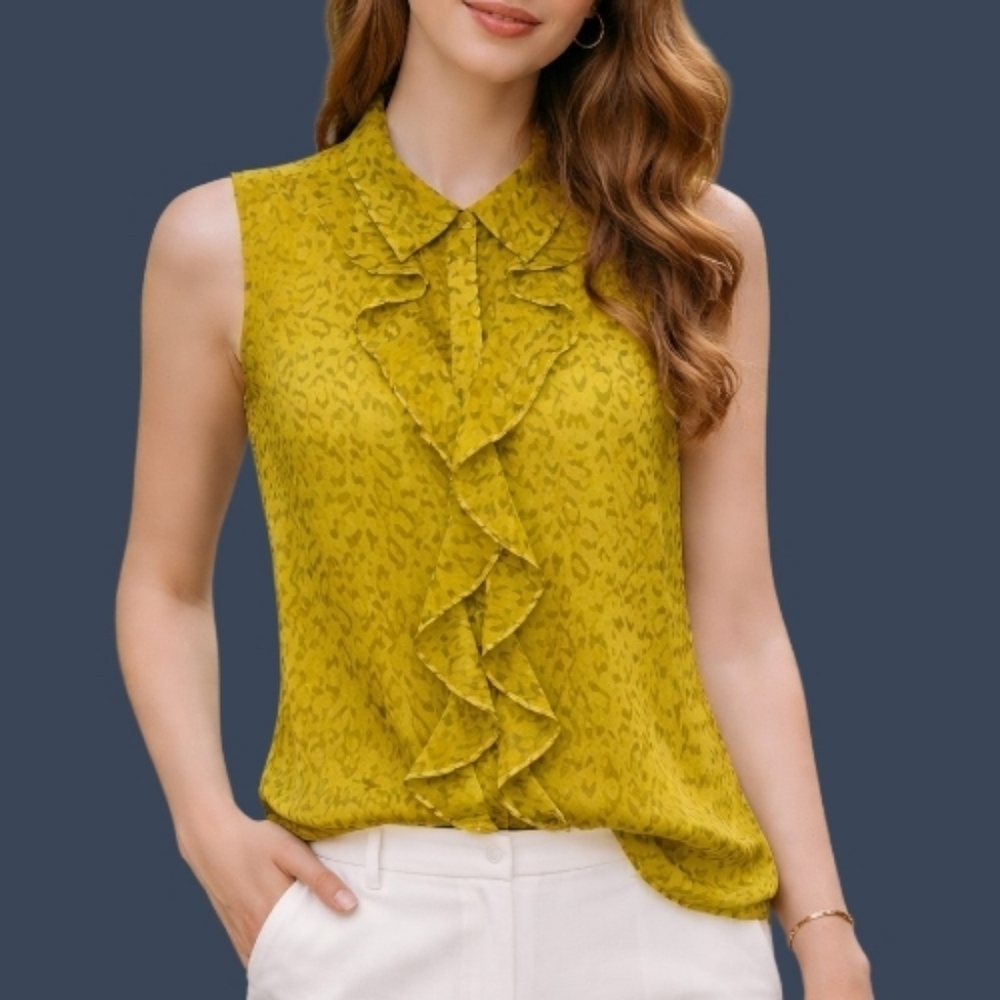 CABI Chartreuse Ruffle Jabot Sleeveless Leopard Print Chiffon Top